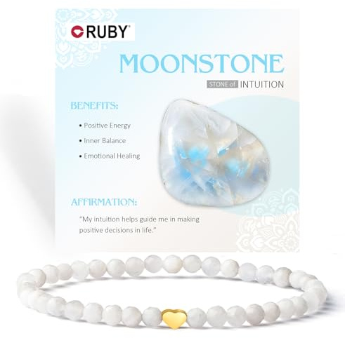 RUBY Pulsera de perlas de piedras preciosas para mujer, perlas de 4 mm y acero inoxidable chapado en oro de 18 quilates, pulseras de corazón para mujer, joyas elásticas para yoga, regalo para el día