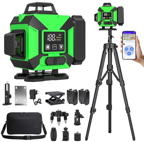 Livella Laser Autolivellante con Treppiede, 4x360° Laser a Linee Incrociate | Livella Laser Verde Regolabile Luminosità, Dispositivo di Livellamento con 2 x 3600 mAh Batteria per cantieri Interni DIY