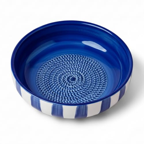Râpe en Céramique - Bol à Râper Ail, Gingembre, Parmesan et Légumes - Assiette Râpe Cuisine Multifonction - Format Moyen - Fabrication Artisanale (Bleu Et Blanc, 15cm)