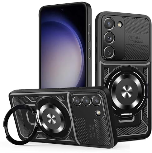 Techsuit für Samsung Galaxy S23 Hülle mit Militärischer Schutz, Kameraschutz, Integrierter Ständer, Magnetring Kompatibel, Stoßfest, Verstärkte Ecken, RuggedCam Series, PC TPU Hybrid, Schwarz