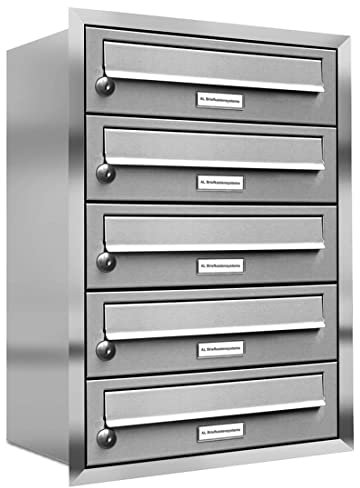 AL Briefkastensysteme, 5er Unterputzbriefkasten, Briefkasten rostfrei, 5 Fach Briefkastenanlage modern, Edelstahl Postkasten