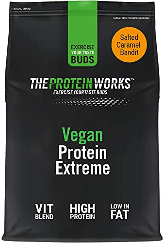 Protein Works - Vegan Protein Extreme , Added Vitamin Blend , Vegan Protein Powder , Plant Based Protein Shake , 28 Servings , Salted Caramel Bandit , 1kg