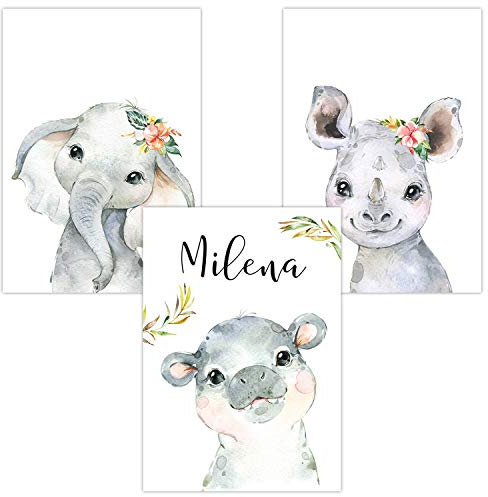 Olgs Wandbilder 3er Set personalisiert für Babyzimmer Deko | Kunstdruck DIN A4 | Dekoration Kinderzimmer Poster mit Namen (WP03-3er Set Nashorn Hippo-Nilpferd Elefant)