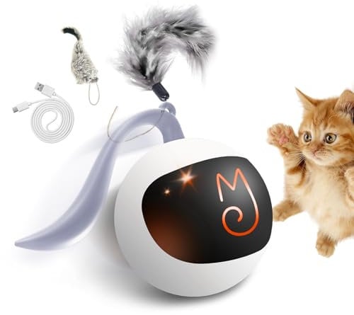 Migipaws Interactive Cat Ball Toy Set, Fun Tracker, Automatic Rolling Chase Ball with Fluffy Tail, A Small Mice, Rechargeable (White)