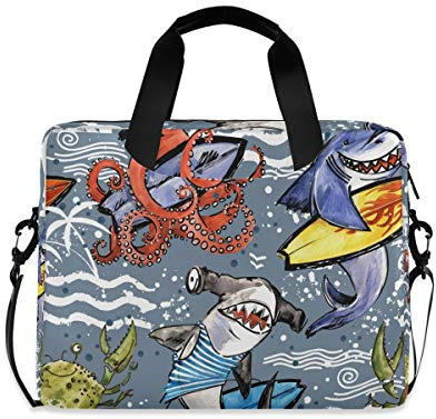 OOWOW Laptoptasche für Damen und Herren, lustig, Wasserfarben, Tier, Hai, Wal, Octopus, leicht, Aktentasche 35,6 cm / 15,6 cm / 16 Zoll Laptop-Hülle, Computer-Schultertasche, Kuriertasche
