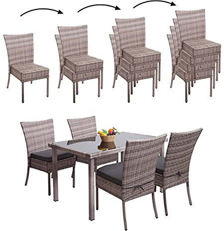 Mendler Poly-Rattan Garnitur HWC-G19, Sitzgruppe Balkon-/Lounge-Set, 4xStuhl+Tisch, 120x75cm - grau-braun, Kissen dunkelgrau