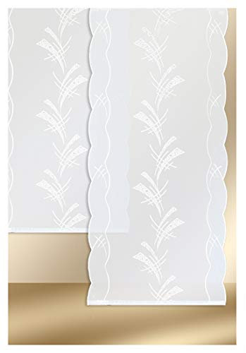 Hochwertige Flächengardine Enya in weiß Bestickt mit Plauener Spitze mit Tunnelband 137 x 60 cm
