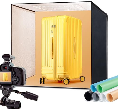 RALENO Fotobox 60x60 cm Lichtbox Faltbare Fotostudio Set für Produktfotografie mit Einstellbarem Licht LED (65 W,5500 K, 97 CRI) inkl. 6 Wasserdichten PVC Produktfotografie Hintergründe