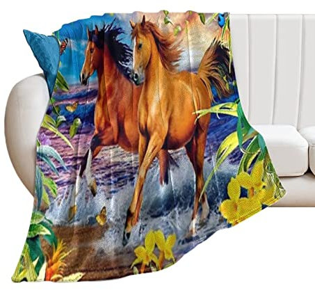 Bedruckte Sofadecke Tierische Pferdedecken & Überwürfe Pferde Laufen am Meer Geeignet zum Stapeln auf jedem Bett zu jeder Jahreszeit 130x150cm(50x60in)