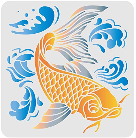 FINGERINSPIRE Koi Malschablonen 30x30cm wiederverwendbare, ausgehöhlte Glücksfisch DIY Kunst und Bastelschablone Kunststoff Koi Fisch Wellenschablone zum Malen auf Holz, Boden, Wand und Stoff