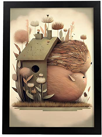 Nacnic Biber Poster im Präzisionsstil. Illustrationen süßer schlafender Tiere in warmen Farben für Kinderzimmer. Innenarchitektur und Dekoration. A4 mit schwarzen Rahmen.