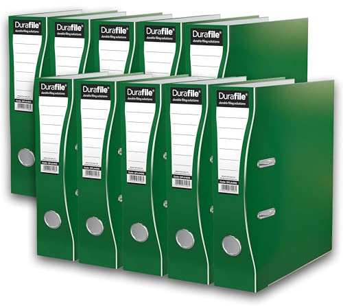 Durafile Lever Arch Files, Dark Green, Pack of 10 Folders, Heavy Duty Board Construction Suitable for A4 Size Documents, Ideal for School, Home and The Office