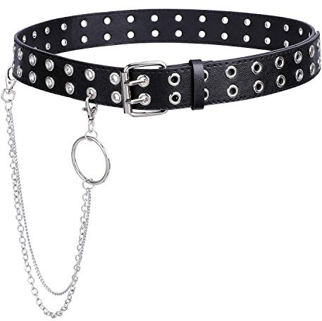 WERFORU Double Grommet PU Leather Double Hole Eyelet Belt for Women - Punk Goth Halloween Belt for Jeans & Pants