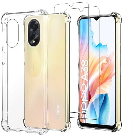 JDXHFF Cover Compatibile con Oppo A38 4G / Oppo A18 4G (6.56) Trasparente e 2 Pezzi Pellicola Protettiva in Vetro Temperato - Bumper Custodia Morbido Silicone Protettivo TPU Case Clear
