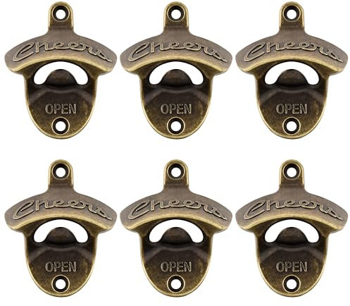 Luwanburg Cheers Bottle Opener Wall Mounted Beer Cap Opener Old Fashioned, Screw in Bottle Top Opener Antique Bronze Outdoor for Wooden Caddy Board (Pack of 6)