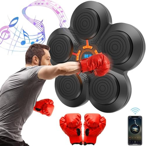 RuiDay Musik Boxmaschine,Elektronische Musik Boxmaschine, Smart Musik Boxmaschine,Bluetooths Smart Music Boxing Machine, Boxmaschine für Wandmontage Erwachsene Kinder (Schwarz+Kinderhandschuhe)