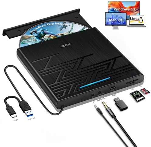 NOLYTH Lecteur Blu-Ray externe USB 3.0 - Lecteur Blu-Ray USB C - Graveur Blu-Ray portable - Lecteur DVD Blu-Ray pour ordinateur portable, PC, Windows, Mac, MacBook, avec prise audio 3,5 mm/USB/SD/TF,