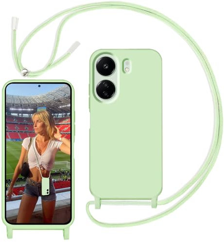 Yojiong Funda con Cuerda para Xiaomi Redmi 13C 4G / Poco C65 (6,74''), Silicona Líquida Carcasa con Cordón [Ajustable Correa de Cuello Cadena] [Forro de Microfibra Suave], Verde