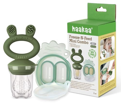 Haakaa | Alimentador mordedor antiahogo conejo con cubitera (color Verde) | Alimentador de silicona libre de BPA para la auto alimentación segura del bebé