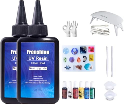 Frenshion UV Lampe+200g Upgrade Formel Niedrige Viskosität Hartes UV Harz+ Pigment+Form+ Werkzeug+Handschuh für Schmuck Ohrringe Halskette Herstellung, Casting und Beschichtung DIY Handwerk