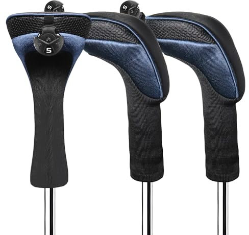 FINGER TEN Golf Club Head Covers Woods Hybrids Long Cover, Headcovers with Interchangeable No. Tags Fit All Hybrids Wood Clubs Light Durable (Navy-3 Pack Hybrid Covers)