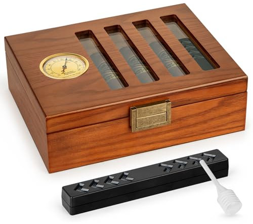 SEMKONT Zigarren-Humidor, antikes verschließbares Zedernholz, Schreibtisch-Zigarrenetui, Sichtfenster, Glasdeckel, Zigarren-Aufbewahrungsbox, mit Luftbefeuchter und Hygrometer, für 20–25 Zigarren
