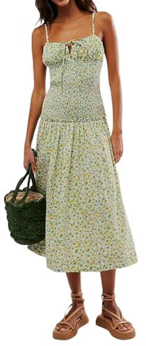 Abito da Donna con Corsetto Floreale, Cinturino per Spaghetti, Senza Maniche, con Spacco sul Davanti, Abiti Midi, Vestito Estivo-Verde-S