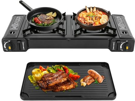 Réchaud à gaz portable avec plaque de cuisson, réchaud de camping, 2 feux, four butane de camping pour trekking, pique-nique, RV