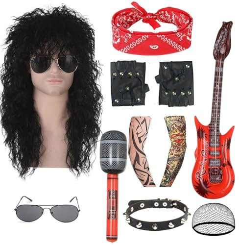 TANTAKO 11 Stück 80er Metal Rocker Outfit Halloween Kostüm Set- Schwarze Punk Rocker Haare Perücke mit Zubehör
