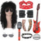 TANTAKO 11 Stück 80er Metal Rocker Outfit Halloween Kostüm Set- Schwarze Punk Rocker Haare Perücke mit Zubehör