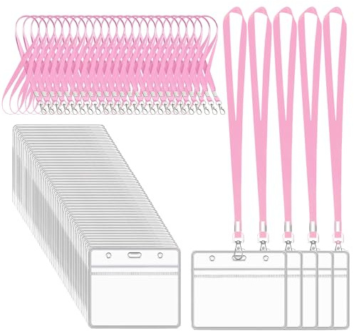 XHDA 50Pcs Pink Lanyards for Neck with Clear Card Holders | Nylon Lanyards, PVC Ziplock Card Holders, 45 cm Neck Length, Fits 90 x 60 mm Cards, for Offices, Schools and ID Cards