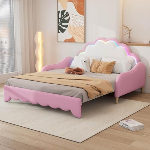 KOMHTOM Bett für Sofa, ausklappbar, 140 x 200 cm, Doppelbett, gepolstert, LED-Bett mit Kopfteil und Lattenrost aus Holz, Bettgestell (ohne Matratze) (Rosa)