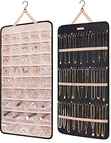 bagsmart Dual-sided Jewellry Organizer Hanging with Metal Hooks,40 Pockets and 3 Wave-Shaped Hooks,Jewelry Roll for Earrings,Necklaces,Rings on Closet,Wall,Door,1 Piece,Extra-Large,Black