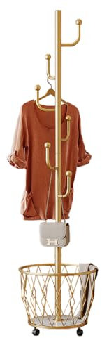 SINBINTA Metallgarderobe, Garderobenständer mit Aufbewahrungskorb und 6 Haken, freistehender Garderobenständer für Häuser Büro Eingangsbereich Flur (Golden)
