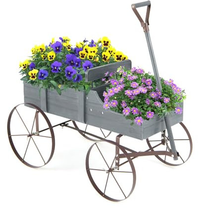 COSTWAY Fioriera da Esterno a Forma di Carrello, Carriola da Giardino in Legno, Decorazione per Giardino e Cortile dal Design Vintage (Grigio)