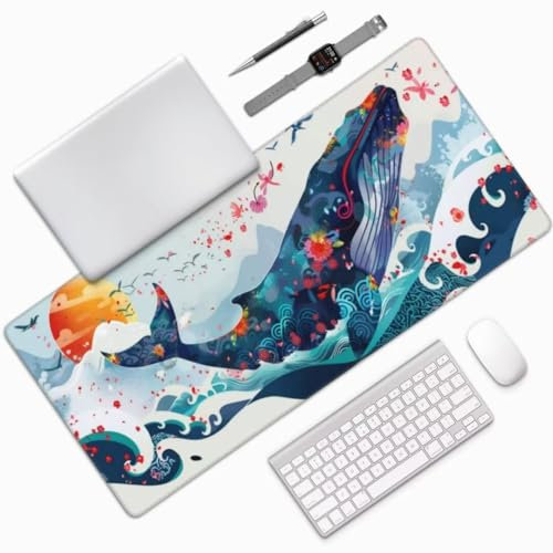 Tapis de Souris Artistique Tapis de Souris XXL 700x400 mm, Imperméable Tapis de Souris Gamer XXL Tapis Souris Baleine Mouse Pad, Base Atidérapante, Haute Précision et Vitesse pour Deco Bureau -MU557