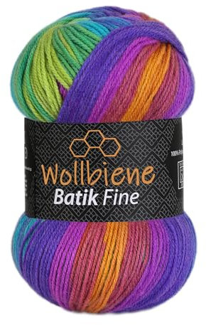 Wollbiene Batik Fine 100 Gramm Wolle mit Farbverlauf mehrfarbig Multicolor Strickwolle Häkelwolle (1510 lila blau grün)
