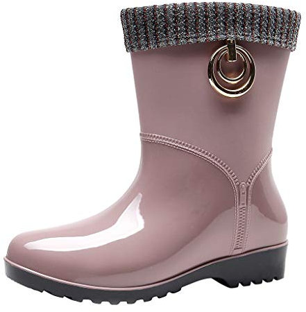 Generico Stivaletti Gomma Donna con Pelo Stivaletti Stivali da Neve Caldi e Medi Stile Punk Stivali da Pioggia Antiscivolo da Donna Scarpe da Acqua 'Aperto Stivali Donna Anfibi Neri Boot (Beige, 38)