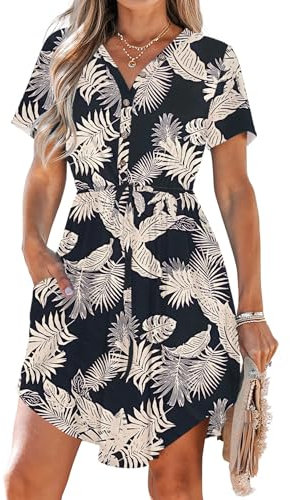 AUSELILY Kleider Damen Sommer Kleider mit V-Ausschnitt Knielang Elegant und Kordelzug Leicht und Luftig mit Taschen Tropischer Regenwald L