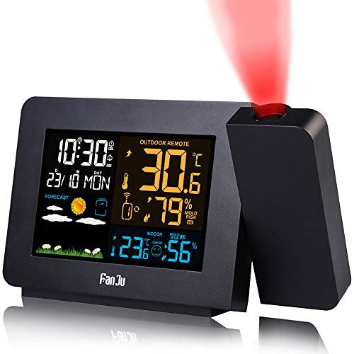 XFZJCHAP Projection Alarm Clock with Outdoor Sensor, Personal Weather Station for Bedroom, Projector Dimmable Clock Dual Alarms LCD Display Date Time Temperature Humidity