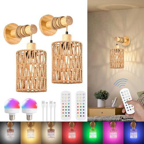 2 Stück Innen Wandleuchte mit Fernbedienung Akku Glühbirne Holz Vintage Wandlampe RGB Dimmable Nachttischlampe E27 Retro Bambus Laterne Rustikal Wandlampe für Wohnzimmer Schlafzimmer Treppen Flur