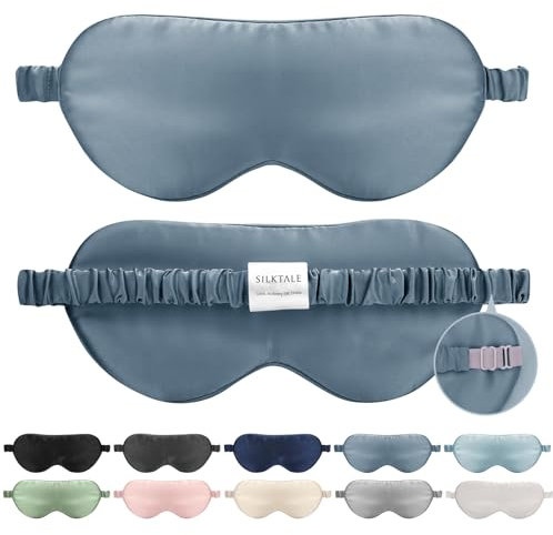 SILKTALE Schlafmaske Seide für Herren Frauen,19 Momme 100% Maulbeerseide Augenmaske für Seitenschläfer, Lichtblockierende Seiden Schlafbrille mit Verstellbares Gummiband für Reisen,Staubiges Blau