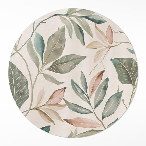 Vinyl Teppich ⌀80 cm Waschbar Bodenschutzmatten Rund Ideal für Küche Ecke Wohnzimmer Schlafzimmer für Innenbereich Einfach zu Reinigen PVC - Zarte Blätter