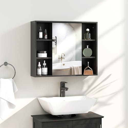 HOMCOM Armoire Murale, Meuble Salle de Bain avec Miroir, Miroir Salle de Bain avec Rangement, Placard à Portes et 6 Compartiments Ouverts, 60 x 14,5 x 49,4 cm, Noir