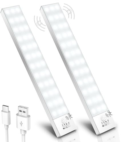 Ylatoial Luz LED Armario con Sensor Movimiento, 23CM Led Cocina Bajo Mueble 5000K USB Recargable 1000mAh, Luz LED Adhesiva para Cocina, Armario, Escalera, Pasillo, Garaje-2 Piezas
