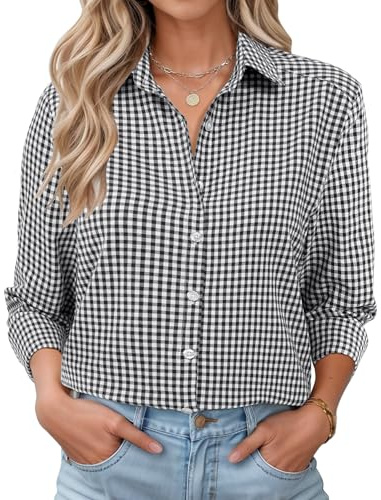 Rapbin Womens Blouse Cotton Shirt Long Sleeve Button Down Shirts V Neck Top