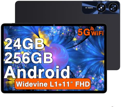 Tablet 11 Pulgadas Android 24GB RAM 256GB ROM (2TB TF), Octa-Core 2.0 GHz, Widevine L1, 5G WiFi, Bluetooth 5.0, 8000mAh, 5MP+13MP, 1280*800 FHD IPS, Facial ID, Tipo C, AGPS, Tablet con Funda, Negro