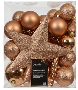 Kaemingk Weihnachtskugeln Kunststoff mit Christbaumstern 33er Set - bruchsichere Christbaumkugeln Weihnachtsbaumkugeln und Christbaumspitze - Christbaumschmuck & Weihnachtsbaumschmuck - Brandy