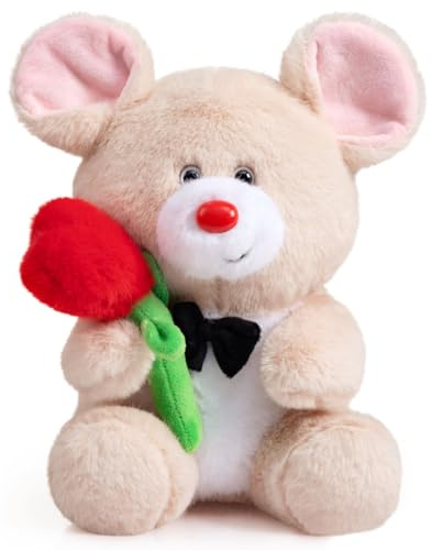 BEJOY Plush Mouse Teddy, Plushie Toy, Stuffed Animal with Rose & Necktie | I Love You Mouse, Cuddly Toy Gifts for Girlfriend Mama Children