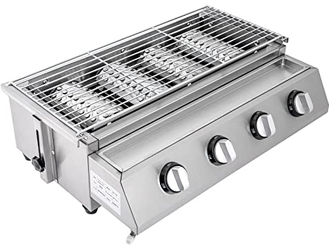 HazLope Barbecue a gas, regolabile in altezza, con 4 bruciatori indipendenti, riscaldamento rapido, in acciaio inox, senza fumo, per balcone, terrazza, superficie barbecue da 9 kg